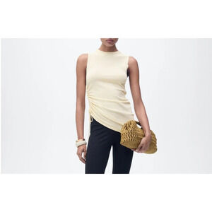 MNG Cream Off White Side Scrunch Tie Sleeveless Shirt Neutral Minimalist Stretch